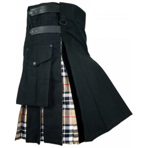 Adjustable Black Cotton Twill Tactical Wallace Tartan Inner Hybrid Modern Kilts 